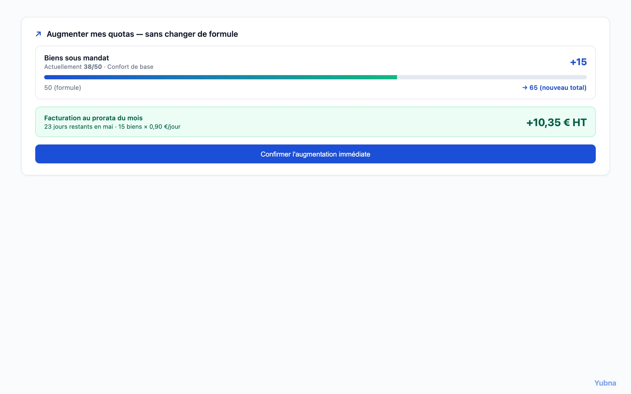 Yubna optimise Augmenter un quota au prorata : Solution PropTech pour augmentation self-service d'un quota sans changer de formule — facturation automatique au prorata du mois