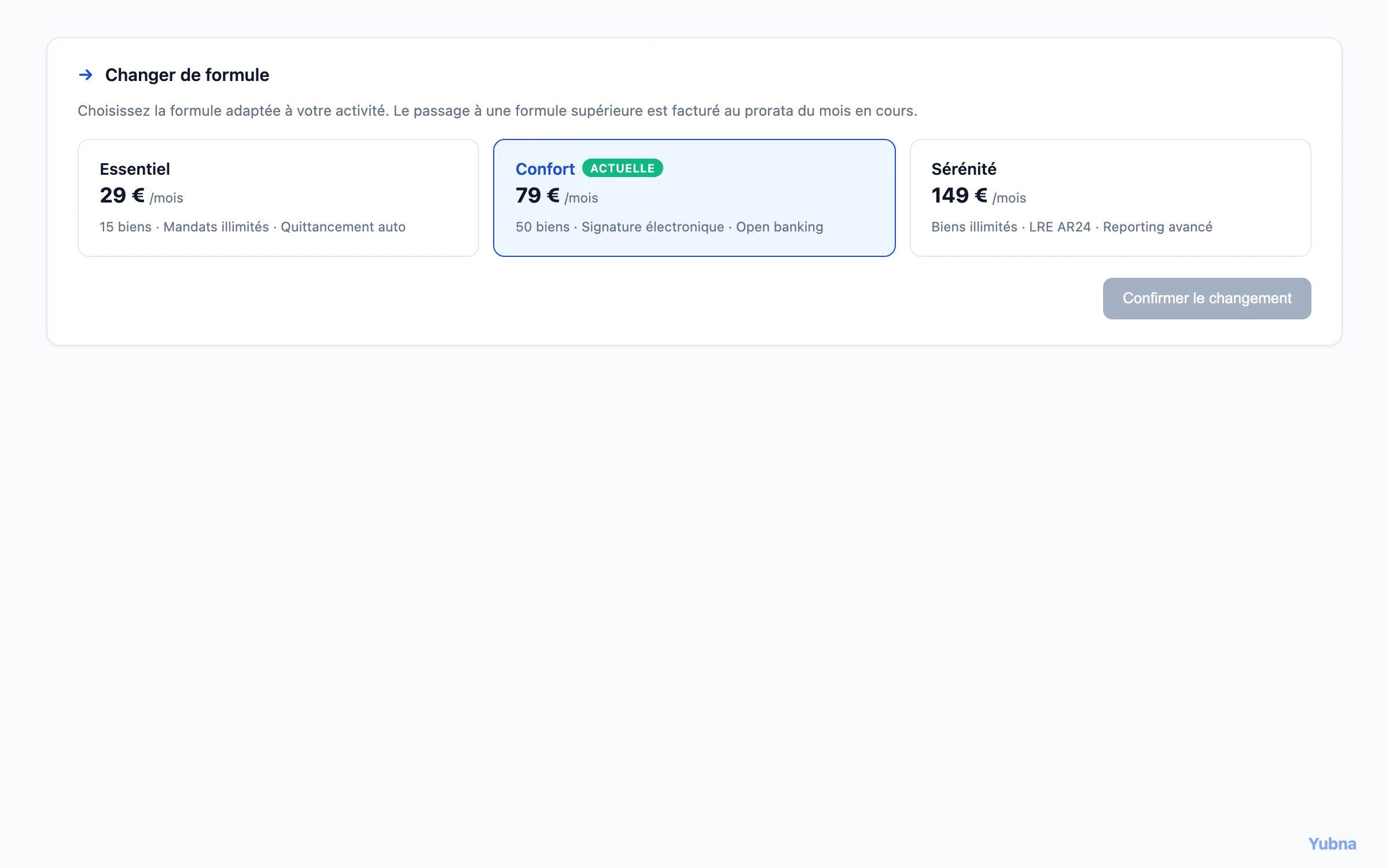 Yubna optimise Changer de formule : Solution PropTech pour sélecteur de formule (Essentiel, Confort, Sérénité) avec impact tarifaire calculé en temps réel