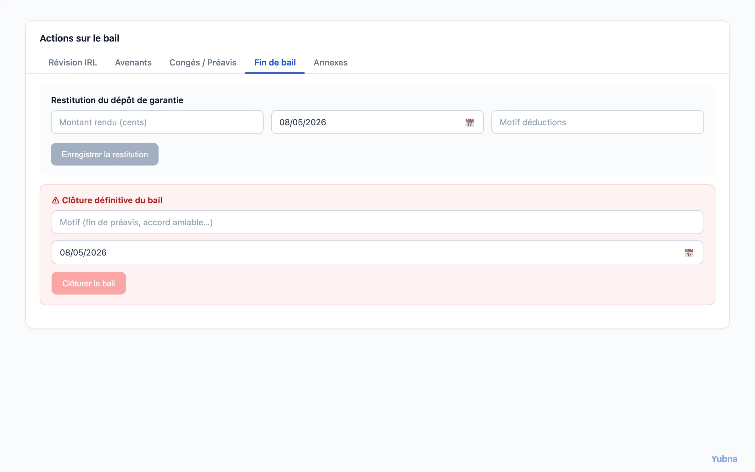 Yubna optimise Fin de bail : Solution PropTech pour restitution du dépôt de garantie avec déductions motivées et clôture définitive du bail