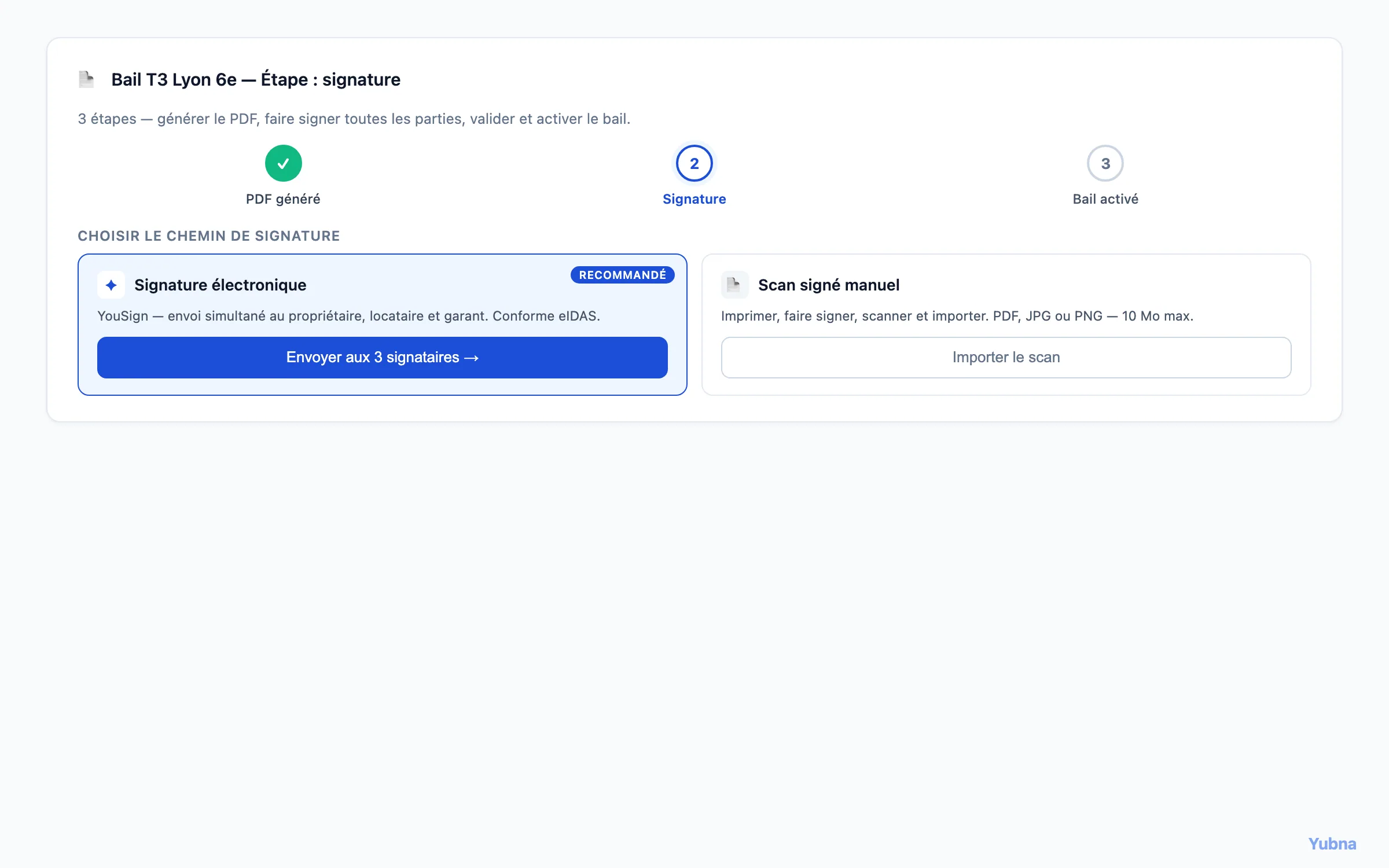 Yubna optimise Génération et signature du bail : Solution PropTech pour workflow PDF du bail — Générer, Signer électroniquement, Valider avec progression visuelle