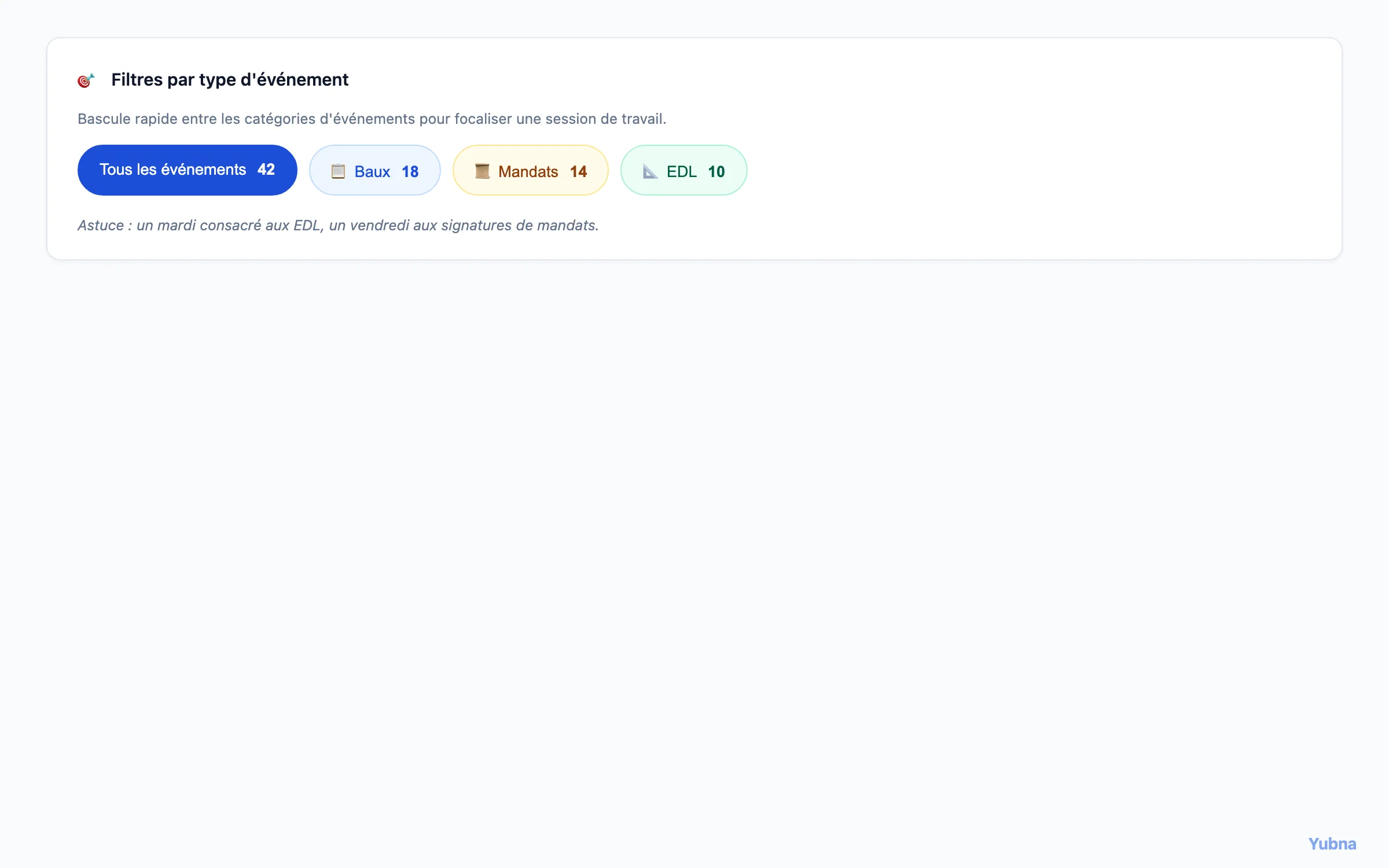 Yubna optimise Filtres par type d'événement : Solution PropTech pour filtres rapides par type — Tous, Baux, Mandats, EDL — avec compteur d'événements par catégorie