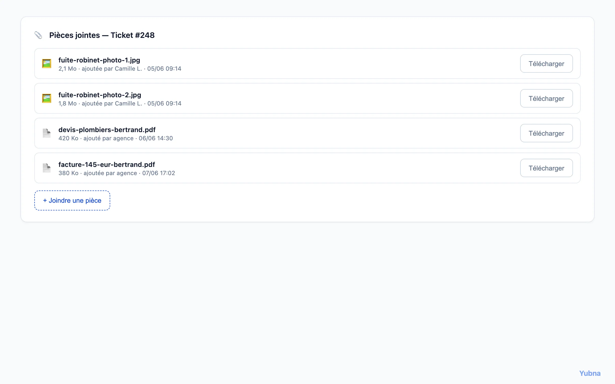 Yubna optimise Joindre devis ou photos à un ticket : Solution PropTech pour upload et listing des pièces jointes — photos, devis prestataires et factures liées au ticket
