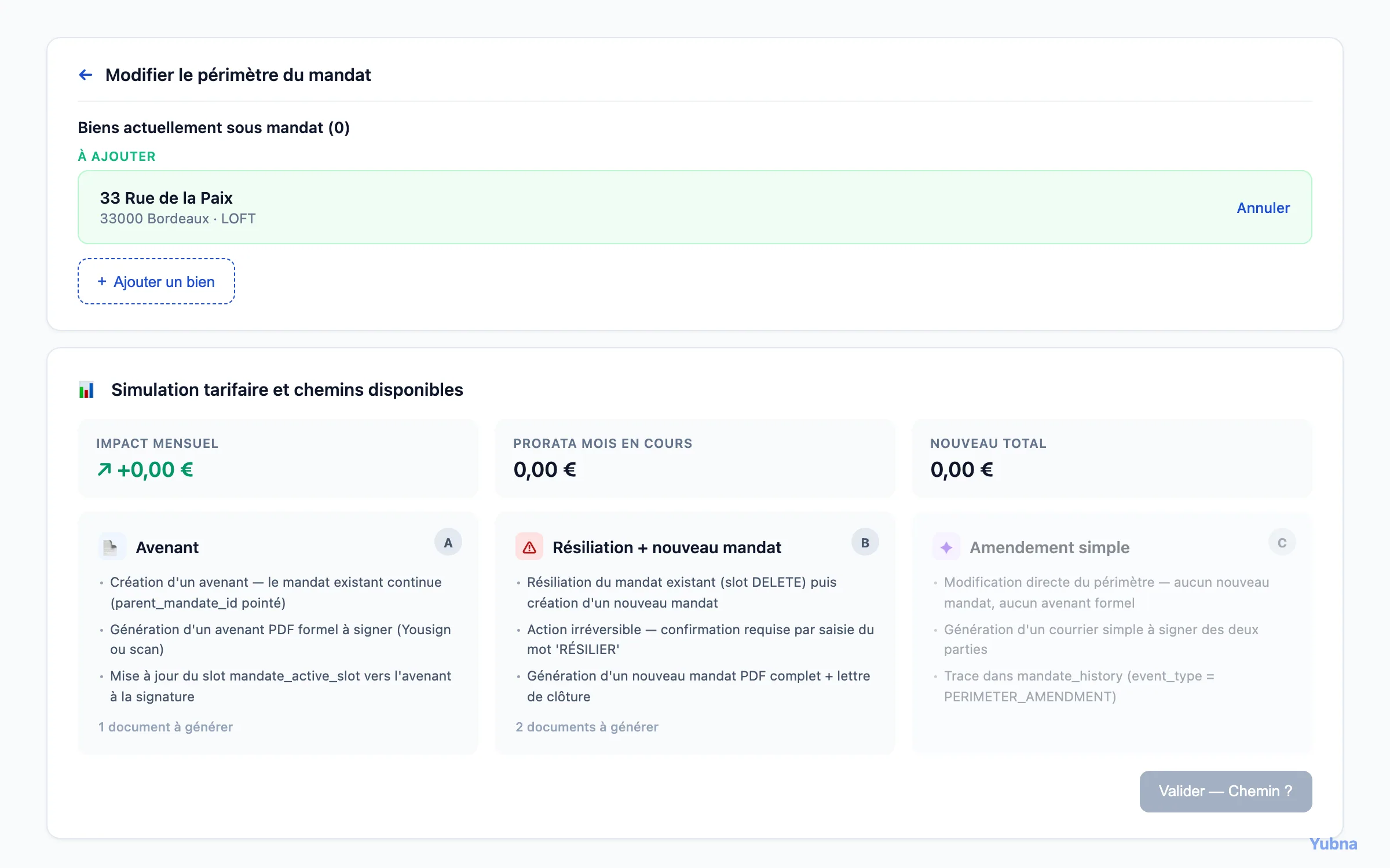 Yubna optimise Modifier le périmètre du mandat : Solution PropTech pour trois chemins de modification de périmètre — avenant, résiliation + nouveau mandat, ou amendement simple — avec simulation tarifaire en temps réel