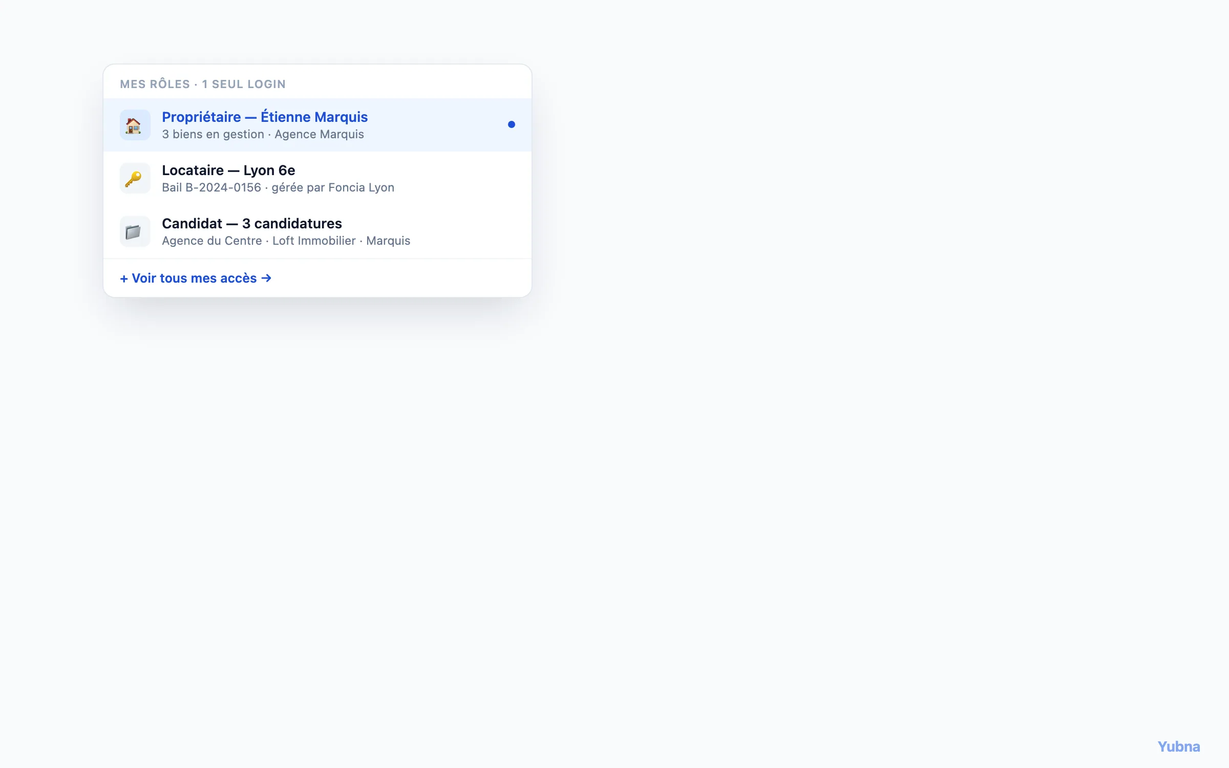 Yubna optimise Switcher multi-rôles particulier : Solution PropTech pour bascule entre rôles particulier — propriétaire délégant, locataire, candidat — depuis un seul login