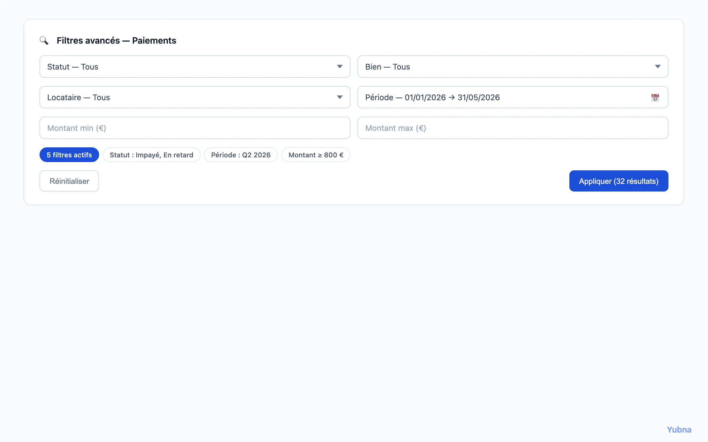 Yubna optimise Filtrer les paiements : Solution PropTech pour filtres combinés sur statut, bien, locataire, période et montant pour drill-down sur les paiements