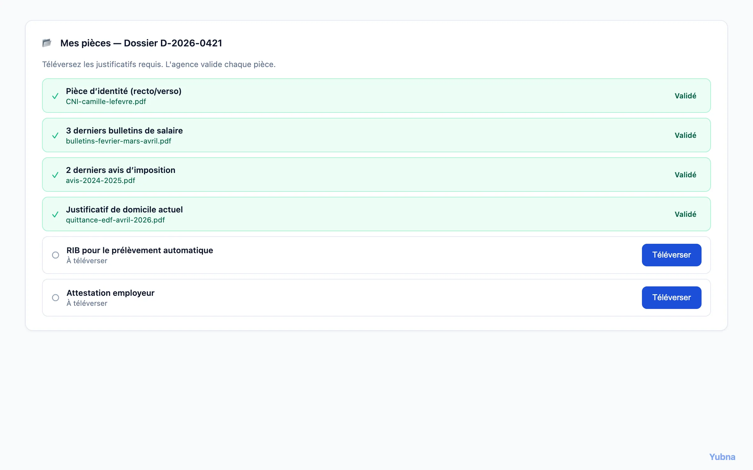 Yubna optimise Upload des pièces de candidature : Solution PropTech pour checklist des documents requis avec upload et état de validation — pièce d'identité, bulletins, avis