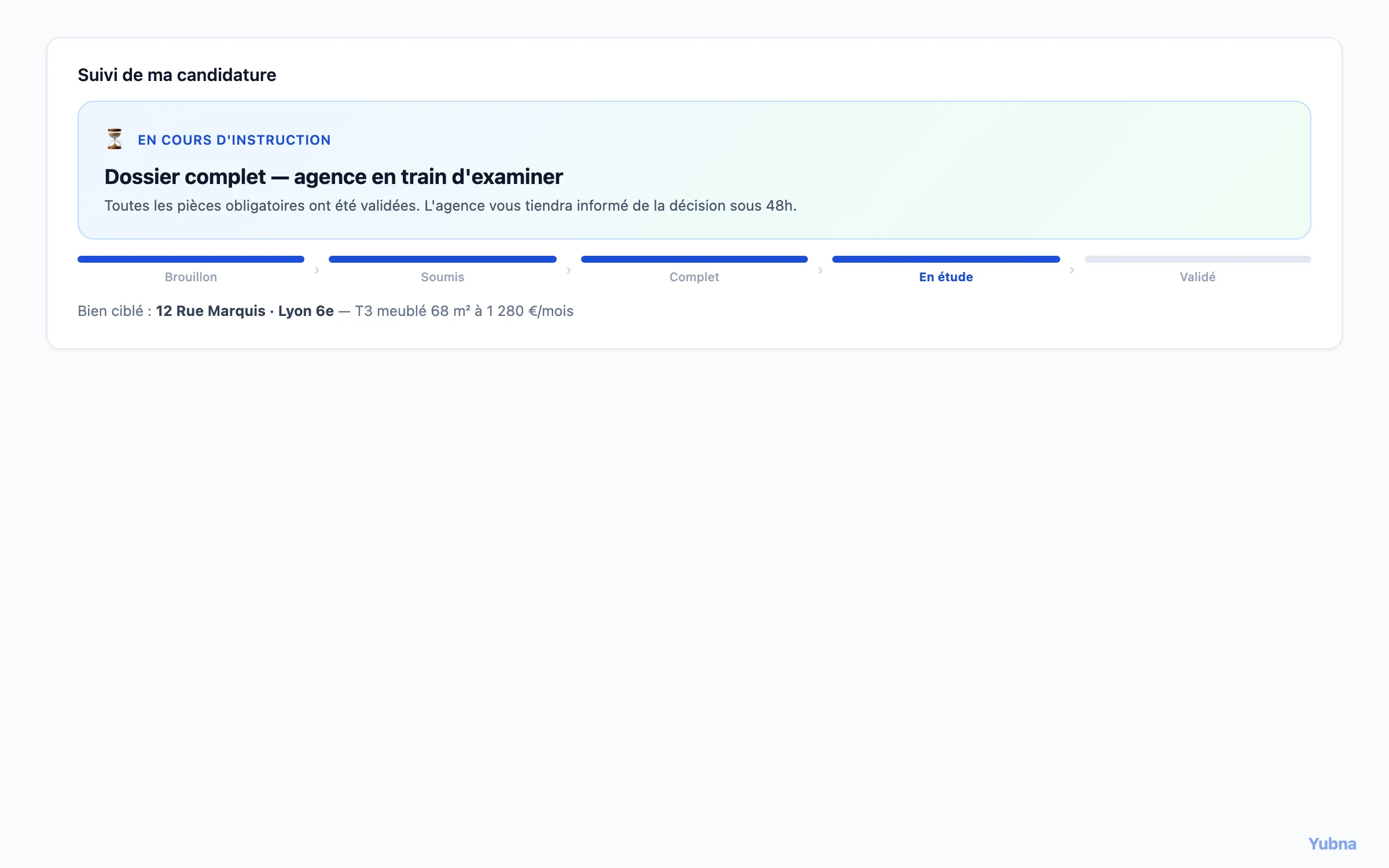 Yubna optimise Suivi de candidature : Solution PropTech pour bandeau de statut du dossier candidat — Brouillon, Soumis, Complet, Validé ou Refusé avec motif