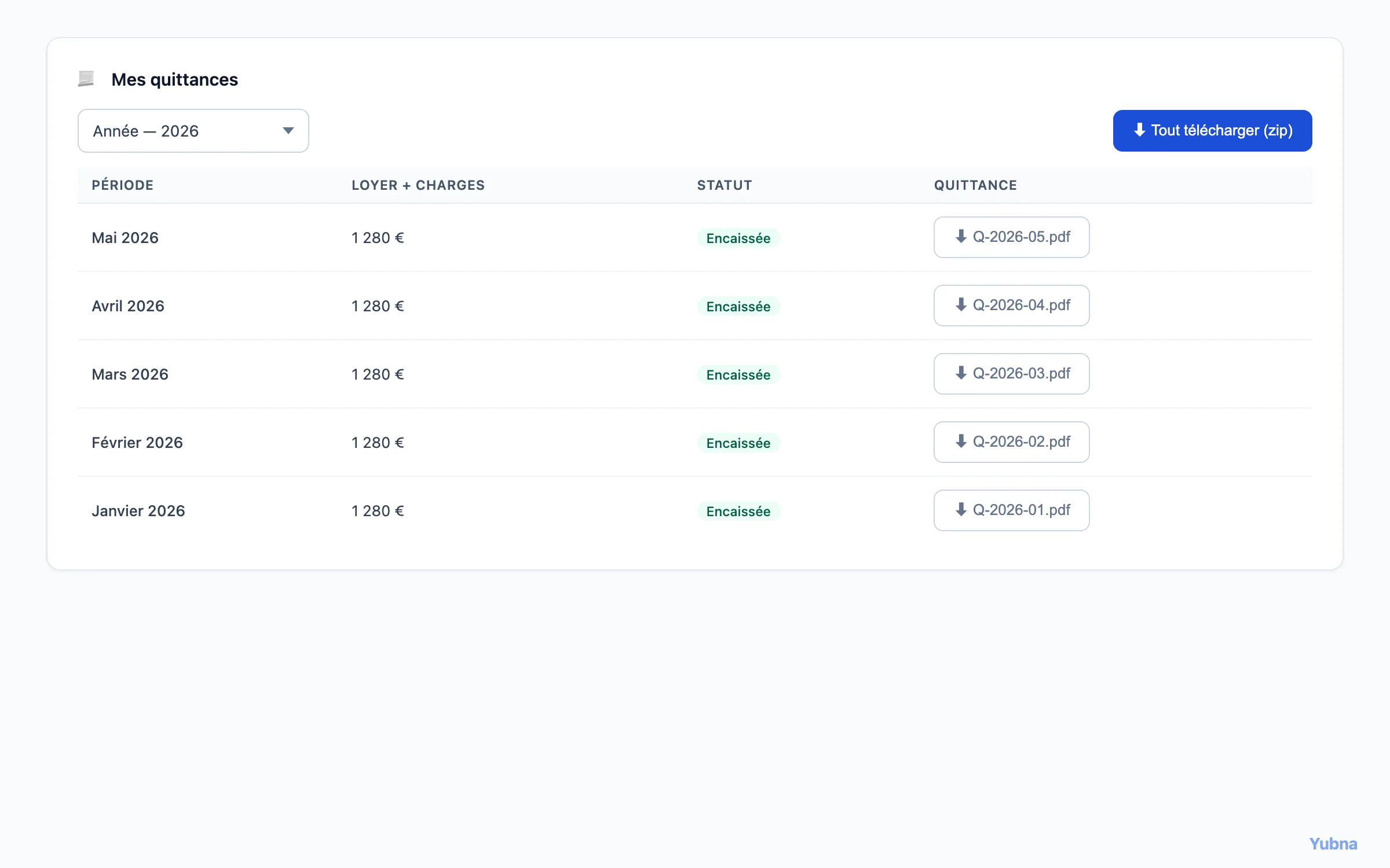 Yubna optimise Mes quittances : Solution PropTech pour tableau filtrable des quittances avec téléchargement individuel ou groupé par période