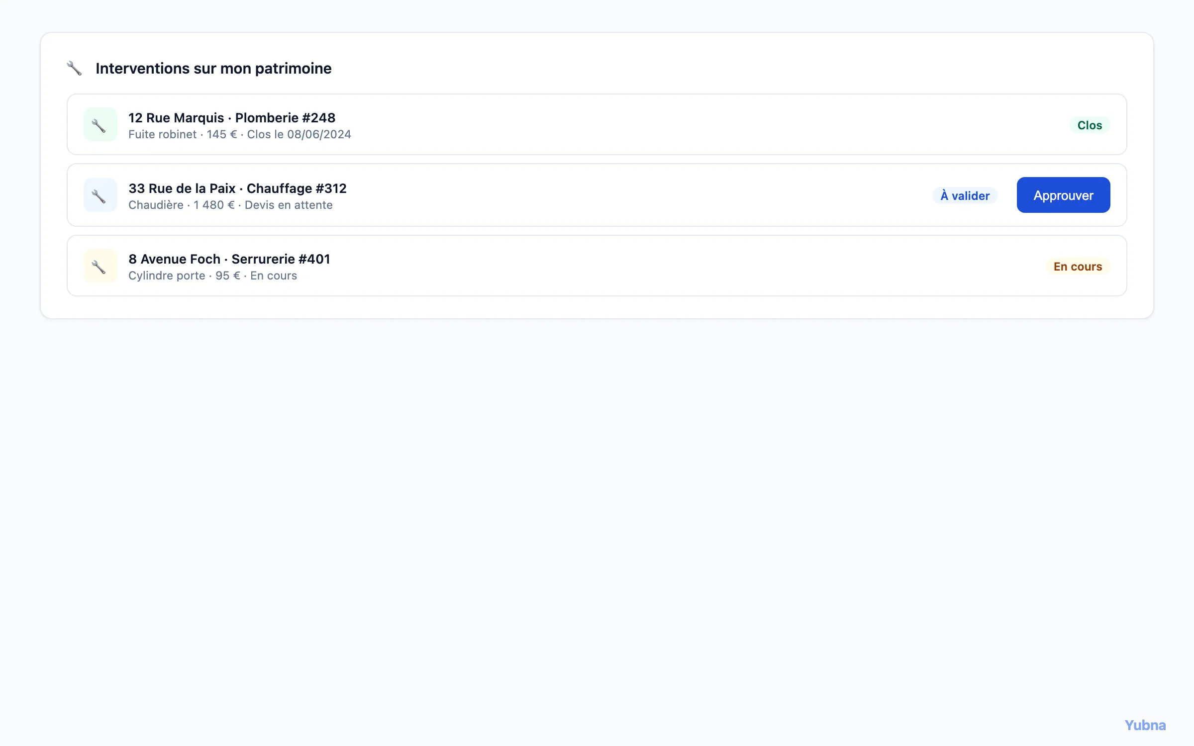 Yubna optimise Suivi des interventions : Solution PropTech pour listing des travaux engagés sur le patrimoine — devis, factures et statut d'avancement