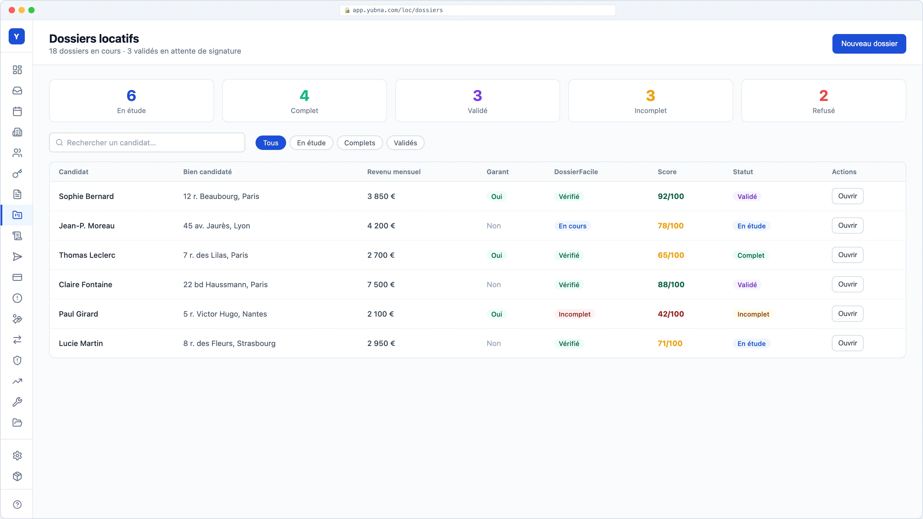Yubna optimise Dossiers locatifs : Solution PropTech pour candidatures, scoring DossierFacile et statuts