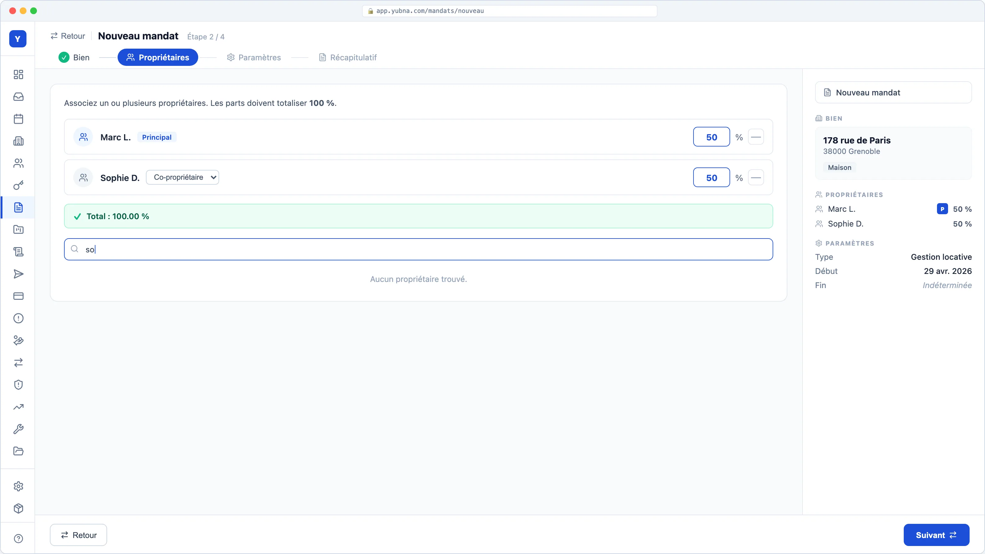 Yubna optimise Création de mandat : Solution PropTech pour wizard guidé en 4 étapes pour créer un nouveau mandat