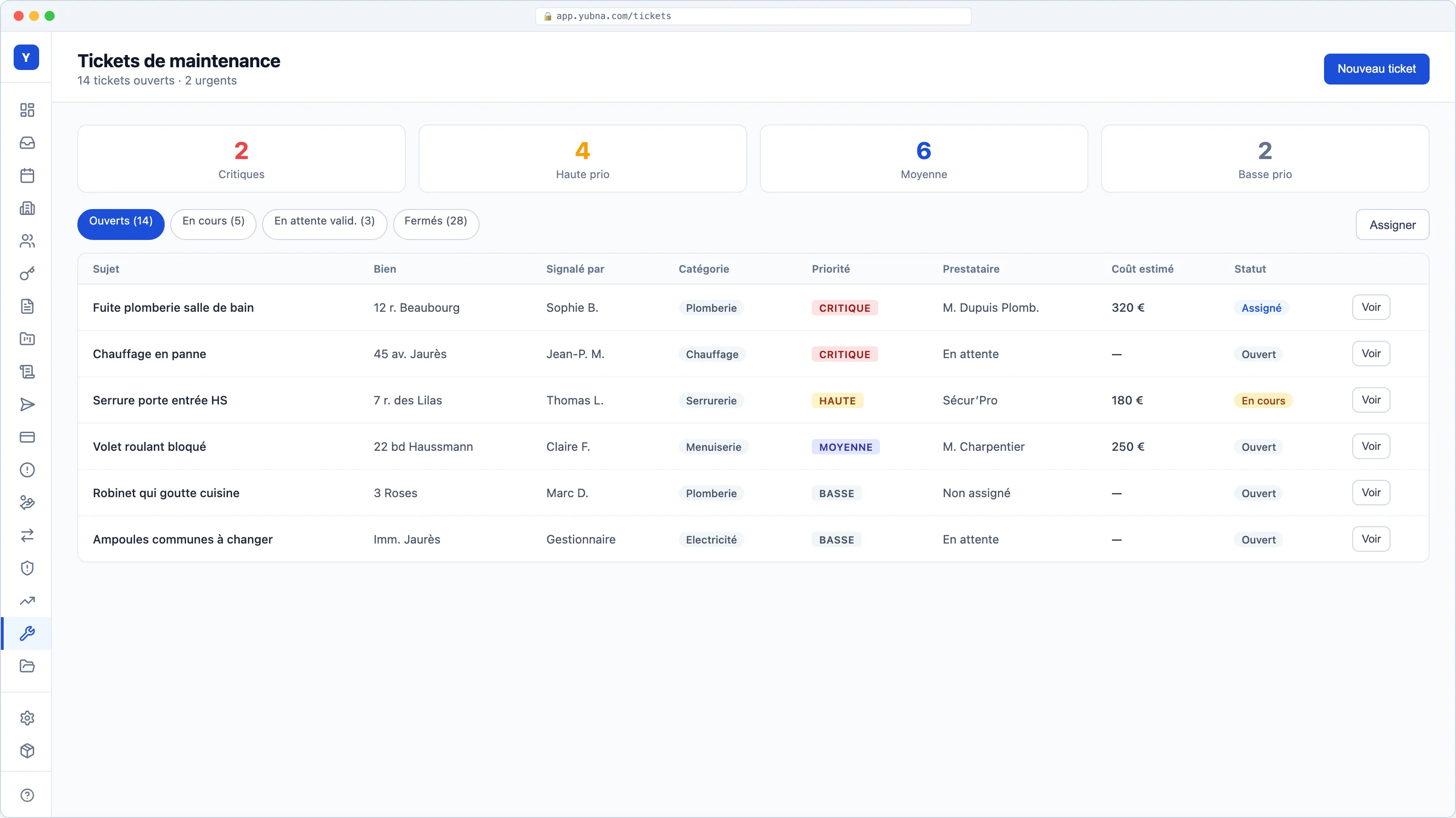 Yubna optimise Tickets maintenance : Solution PropTech pour incidents, prestataires et priorités