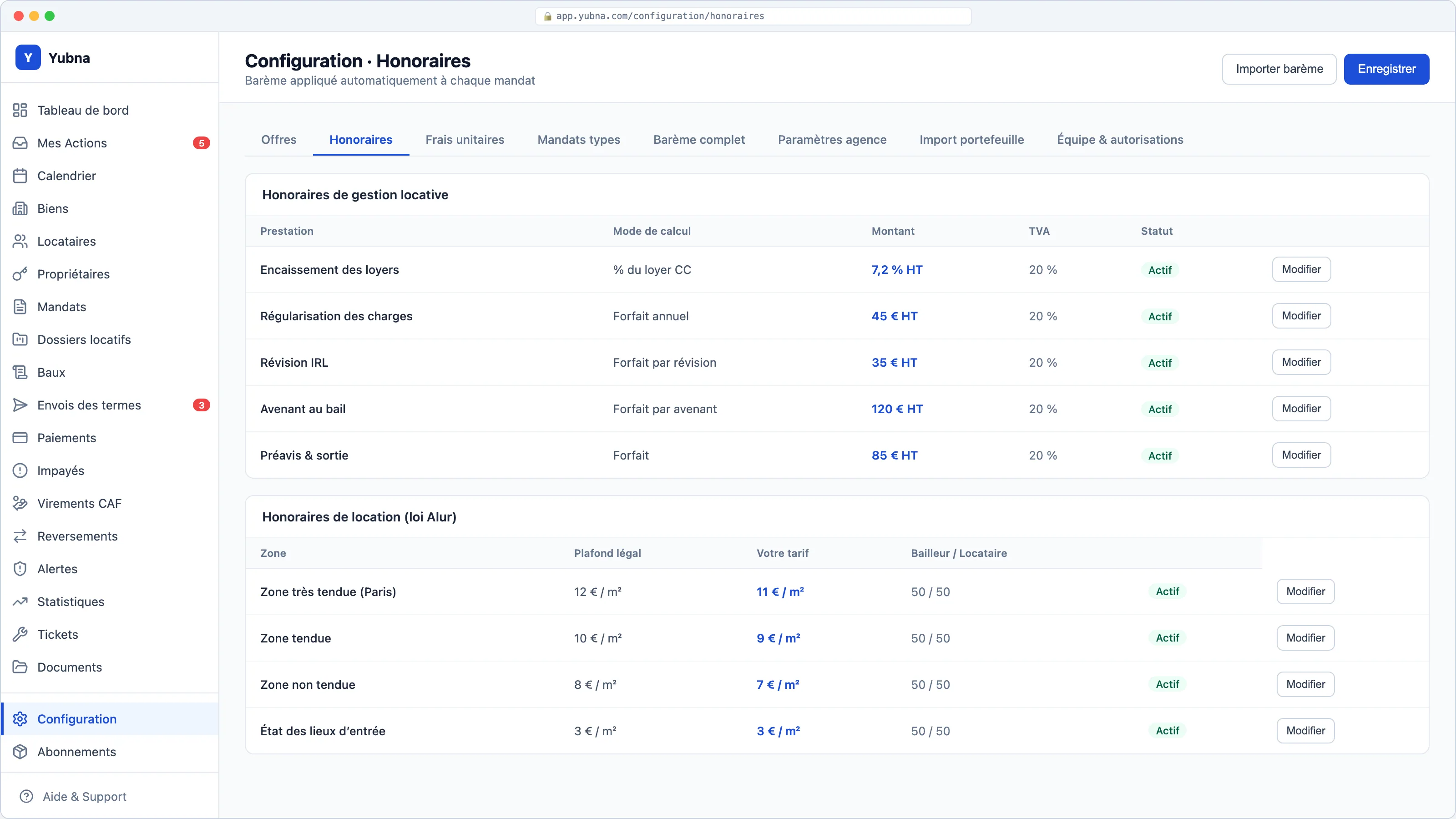 Yubna optimise Barème des honoraires : Solution PropTech pour honoraires de gestion, location et avenants paramétrables