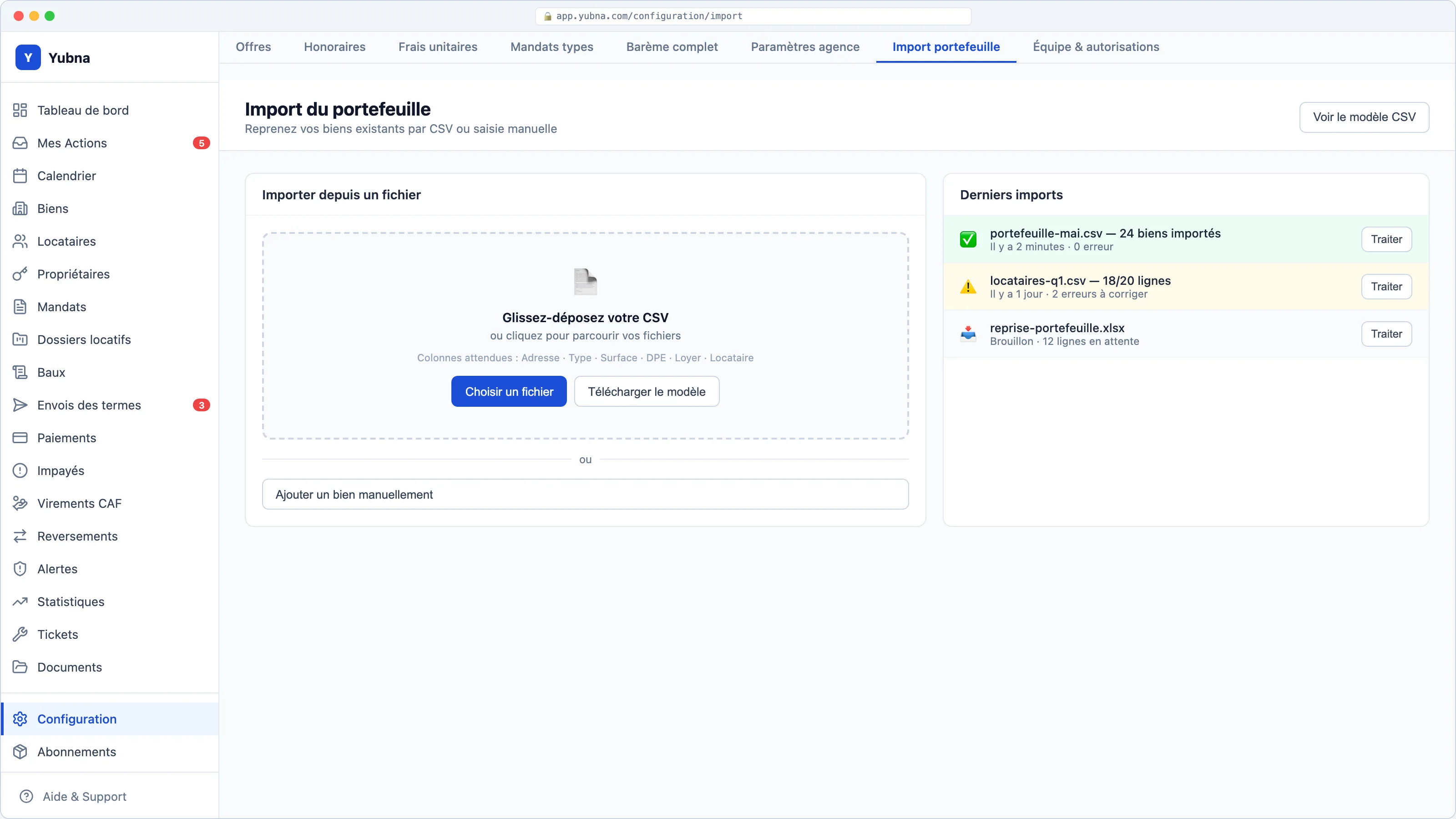 Yubna optimise Import du portefeuille : Solution PropTech pour reprise des biens existants par CSV ou saisie manuelle guidée