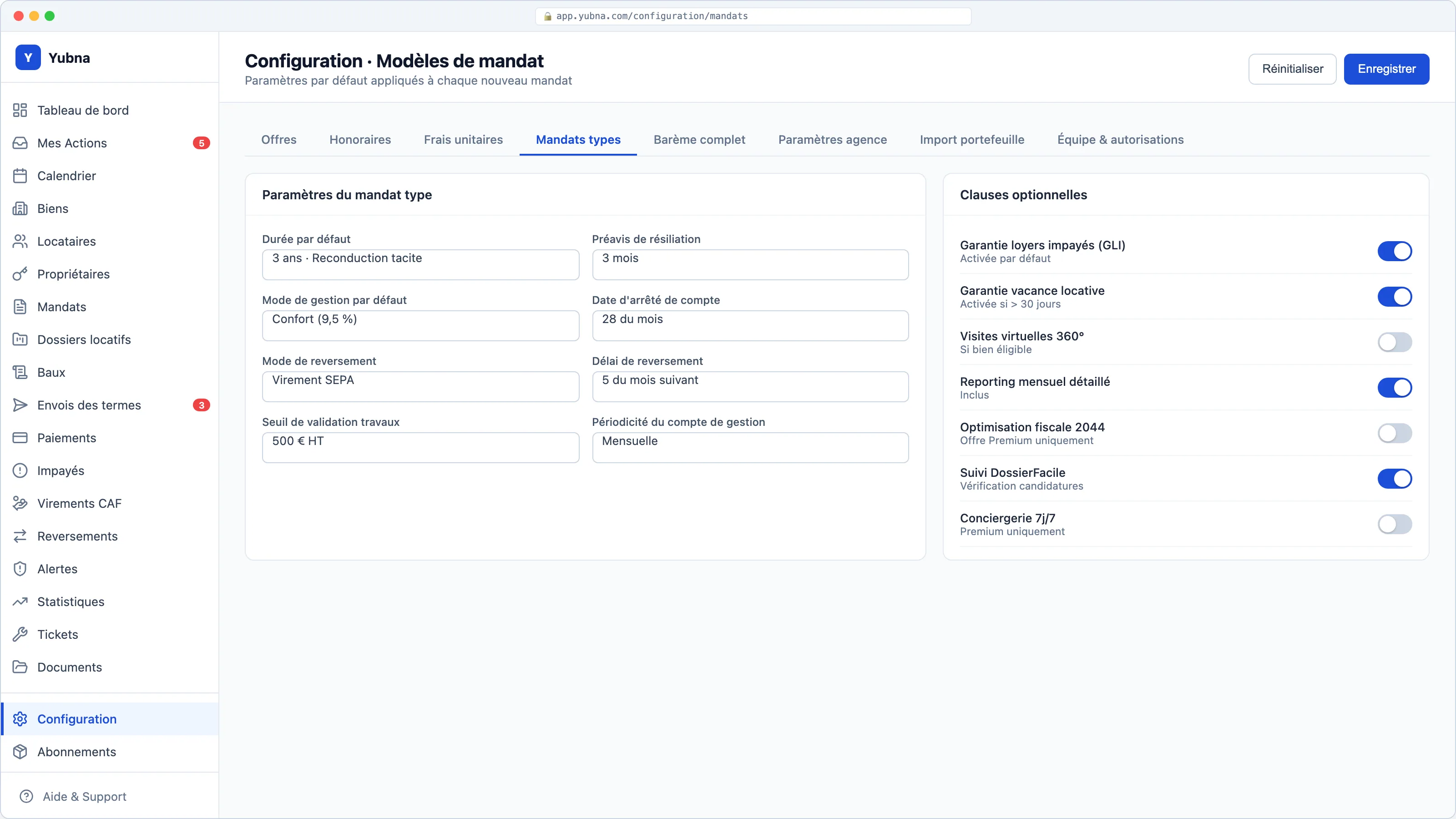 Yubna optimise Modèles de mandat : Solution PropTech pour paramétrez vos mandats par défaut : durée, taux, frais d'entrée