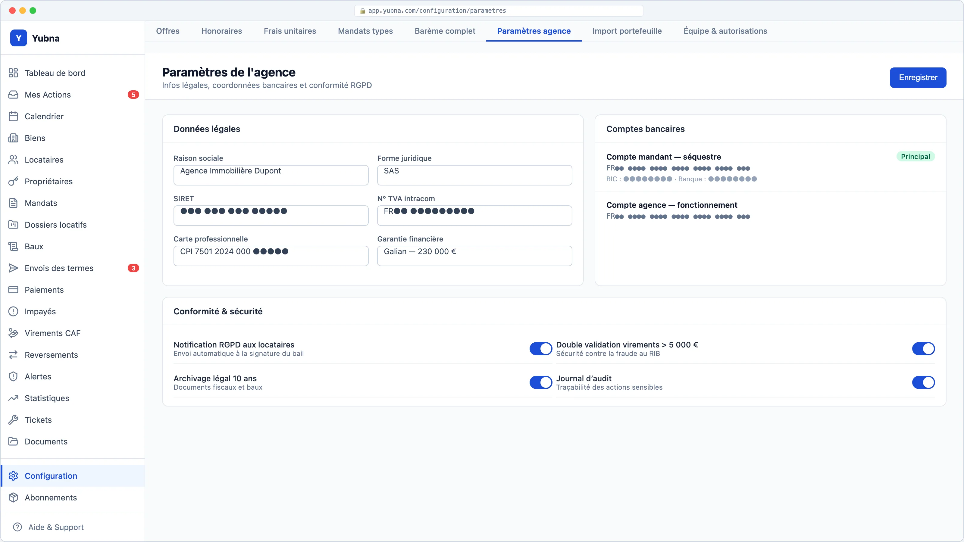Yubna optimise Paramètres agence : Solution PropTech pour infos légales, IBAN, coordonnées et conformité RGPD