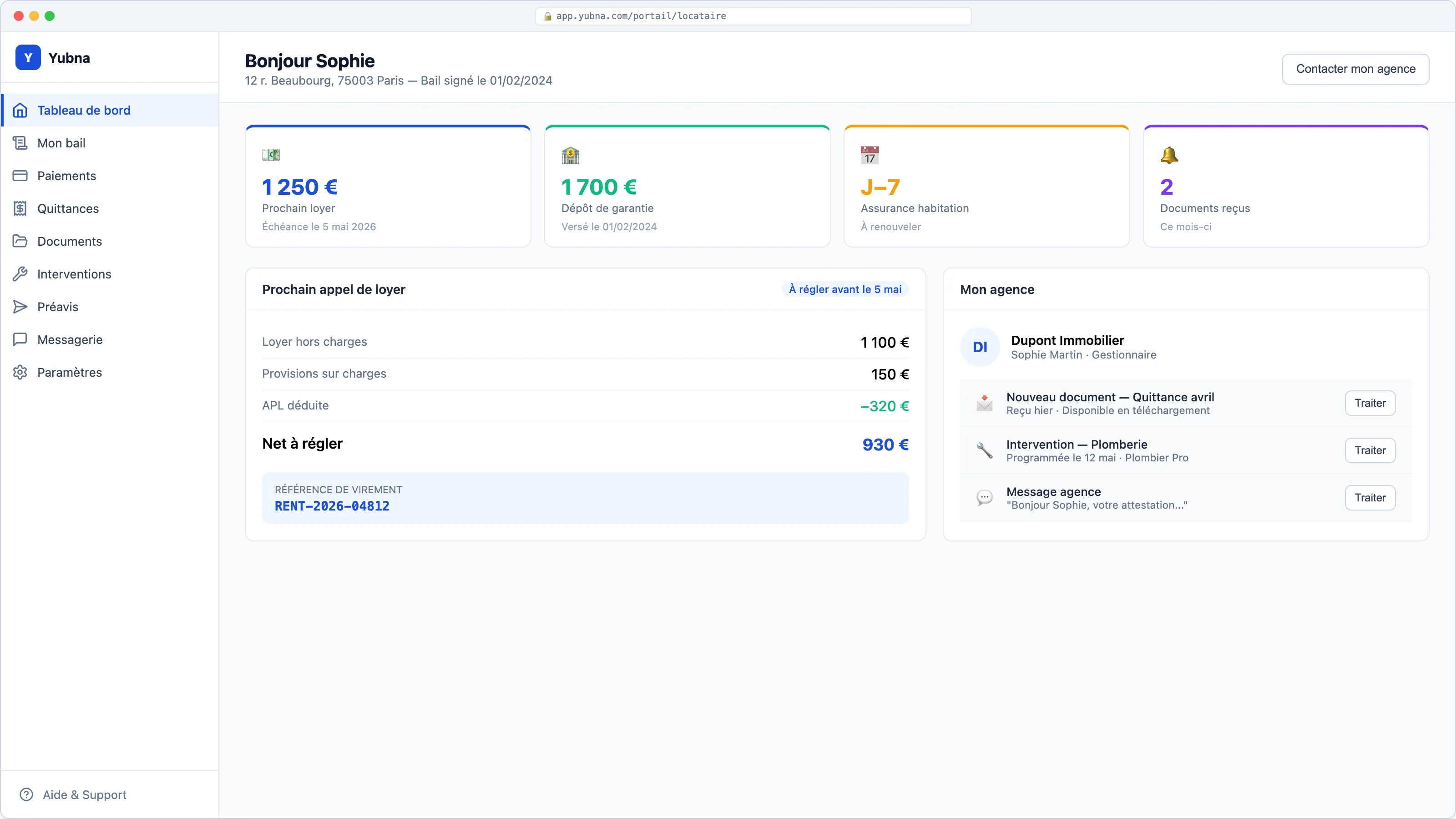 Yubna optimise Tableau de bord locataire : Solution PropTech pour vue synthétique : prochain loyer, alertes et raccourcis