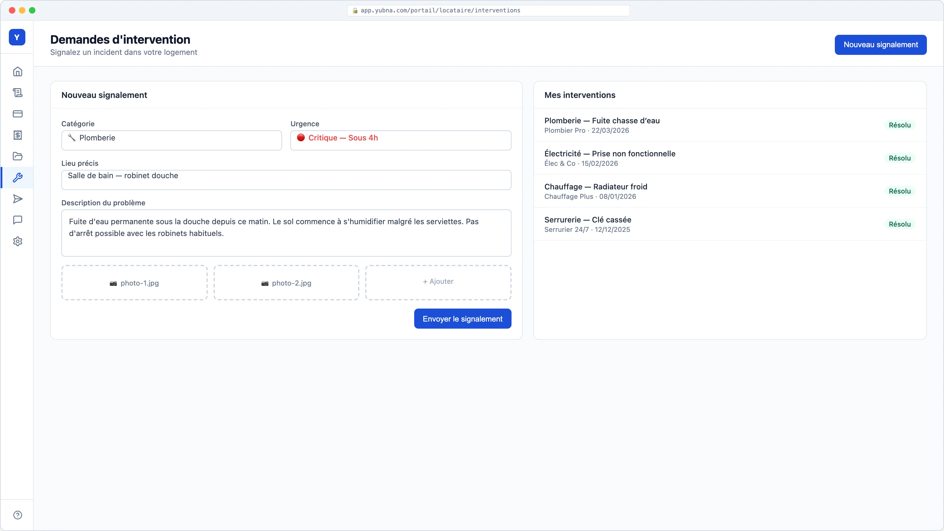 Yubna optimise Demande d'intervention : Solution PropTech pour déclarer une fuite, panne ou problème en quelques secondes