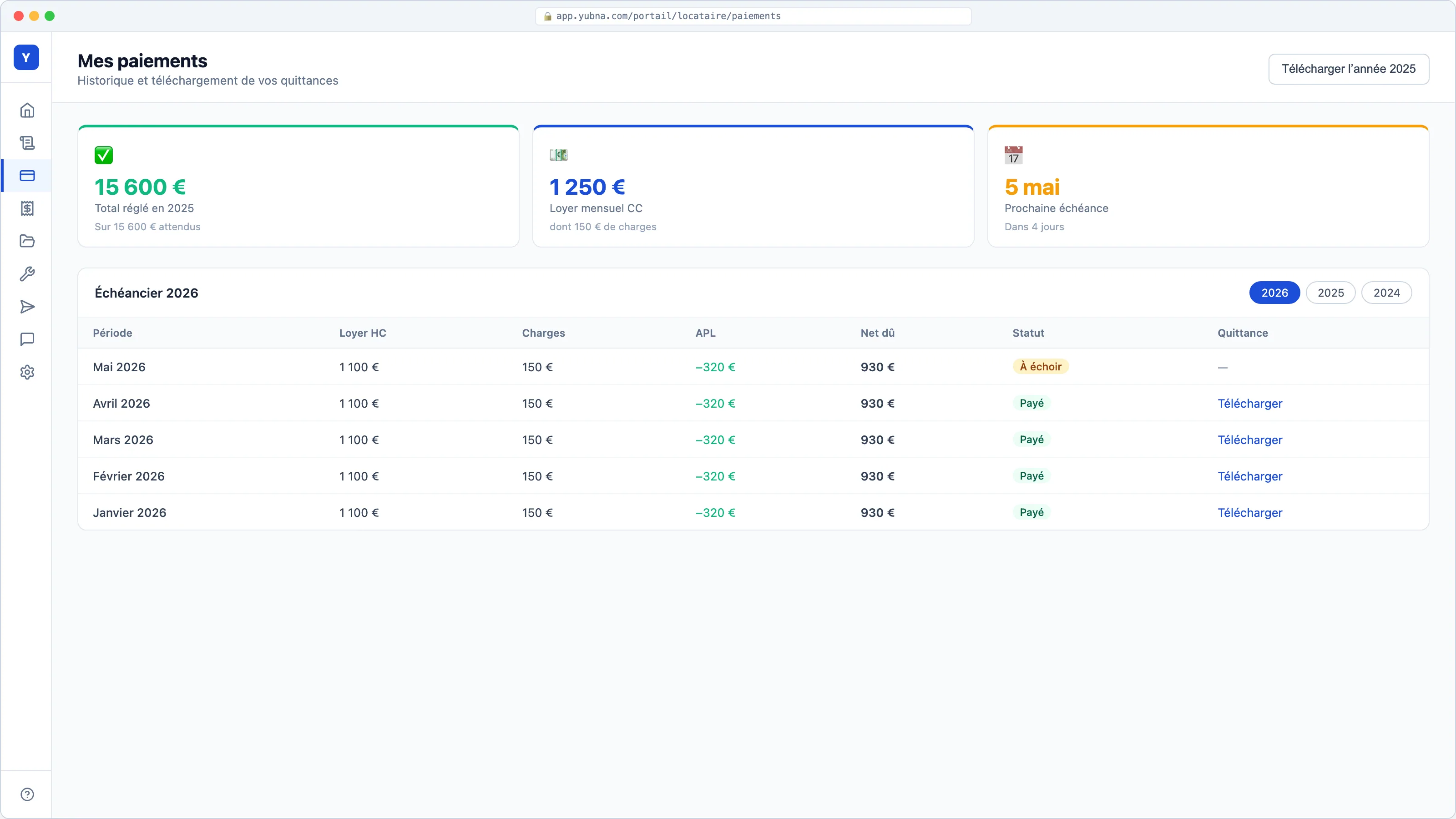 Yubna optimise Mes paiements & quittances : Solution PropTech pour échéancier, historique et téléchargement des quittances