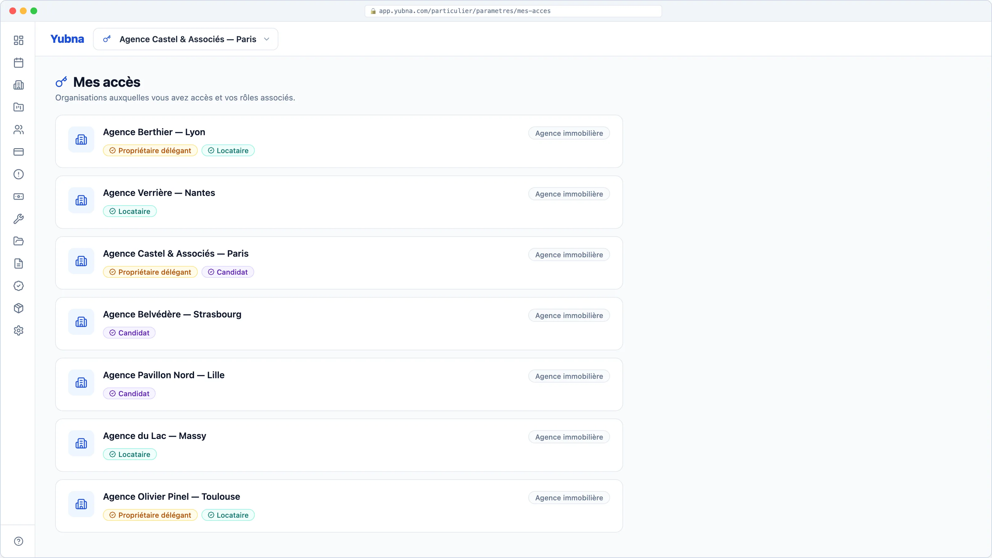 Yubna optimise Mes accès — vue particulier polyvalent : Solution PropTech pour cartographie complète de vos rôles : propriétaire délégant, locataire et candidat sur 7 agences avec un seul login Yubna