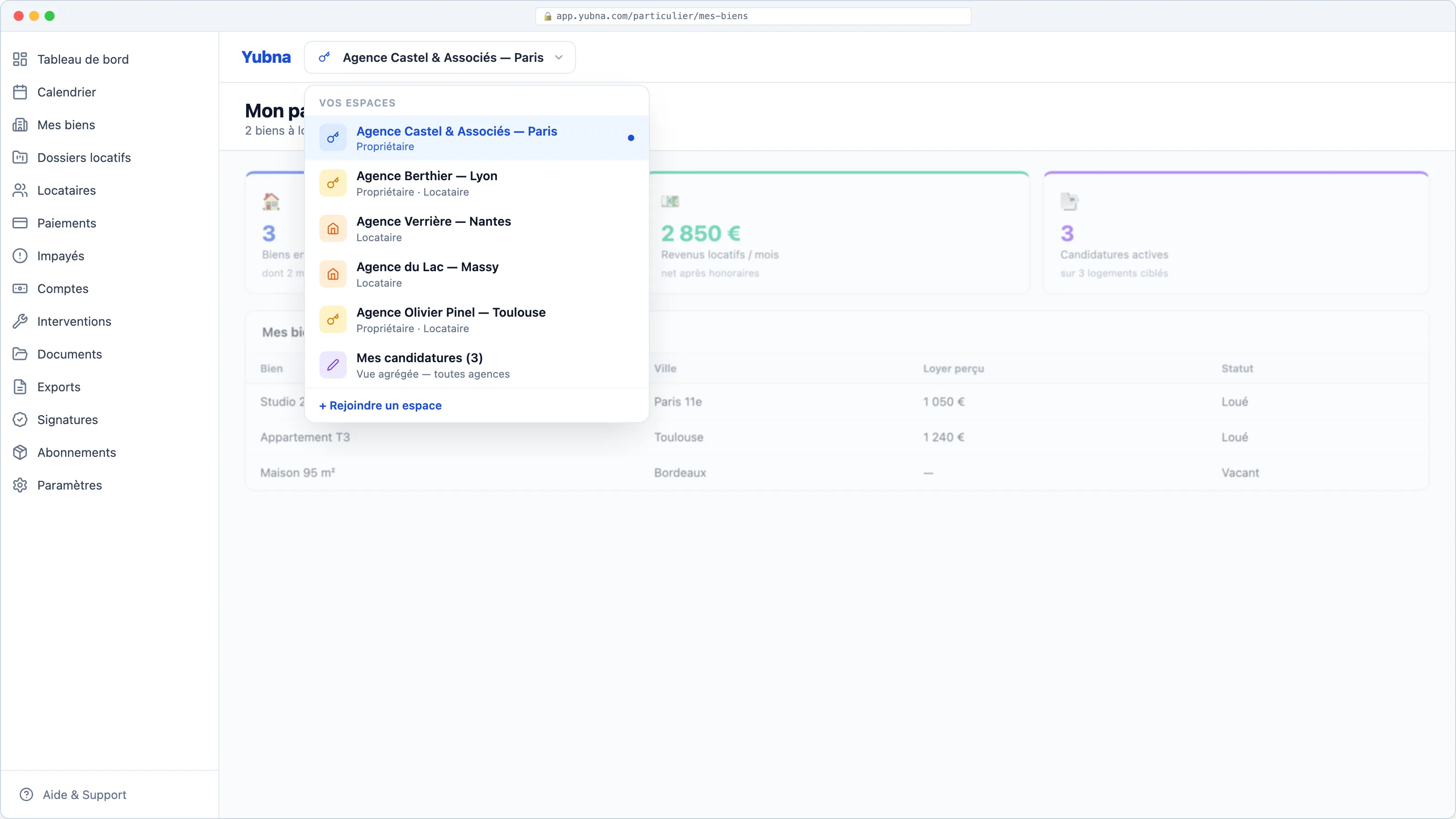 Yubna optimise Switcher multi-rôles — particulier : Solution PropTech pour propriétaire délégant, locataire et candidat sous une seule identité — basculez d'une agence à l'autre en un clic, vue agrégée de toutes vos candidatures