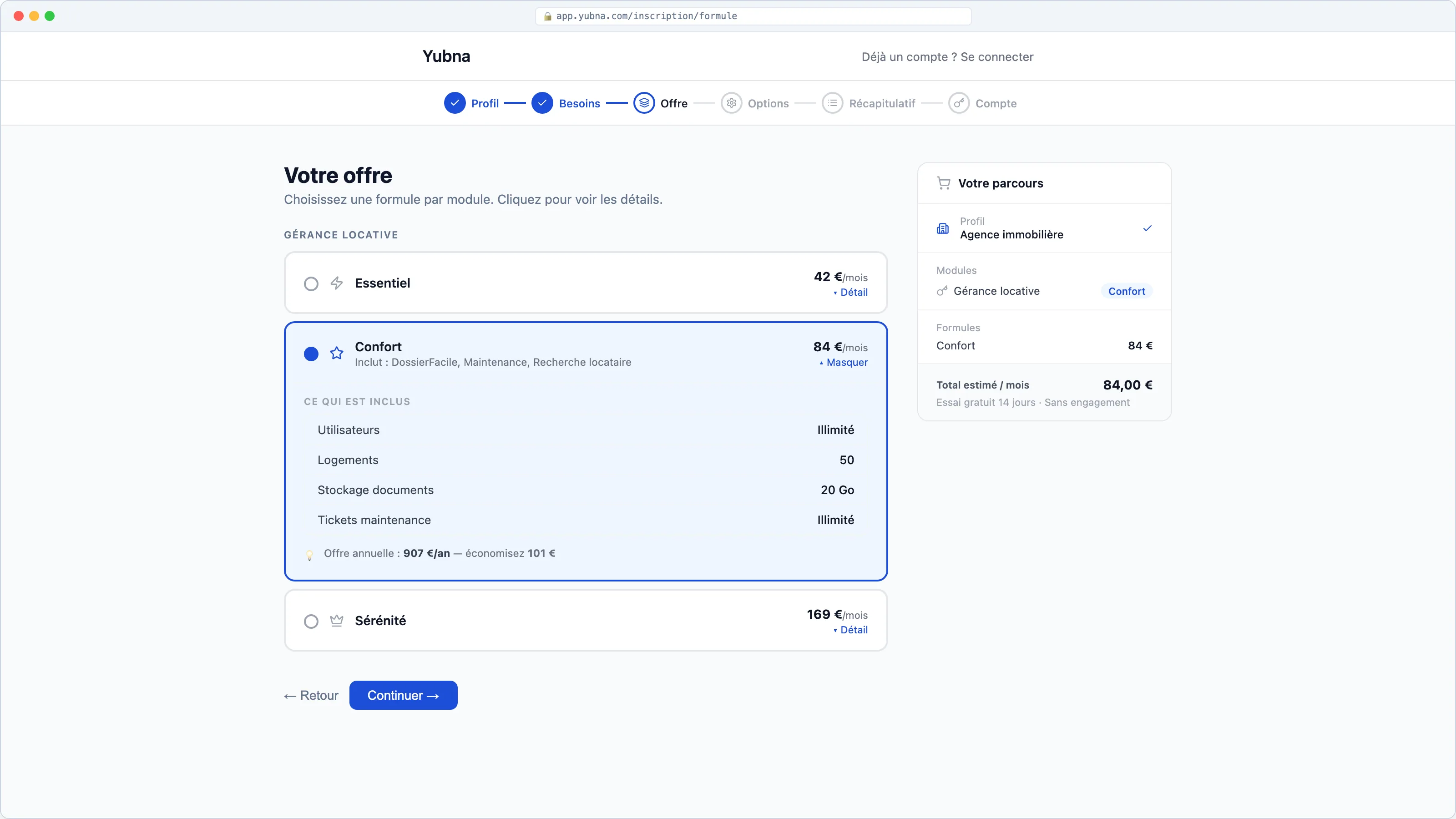 Yubna optimise Offre & formule : Solution PropTech pour sélection des modules et de leur niveau — Essentiel, Confort, Sérénité
