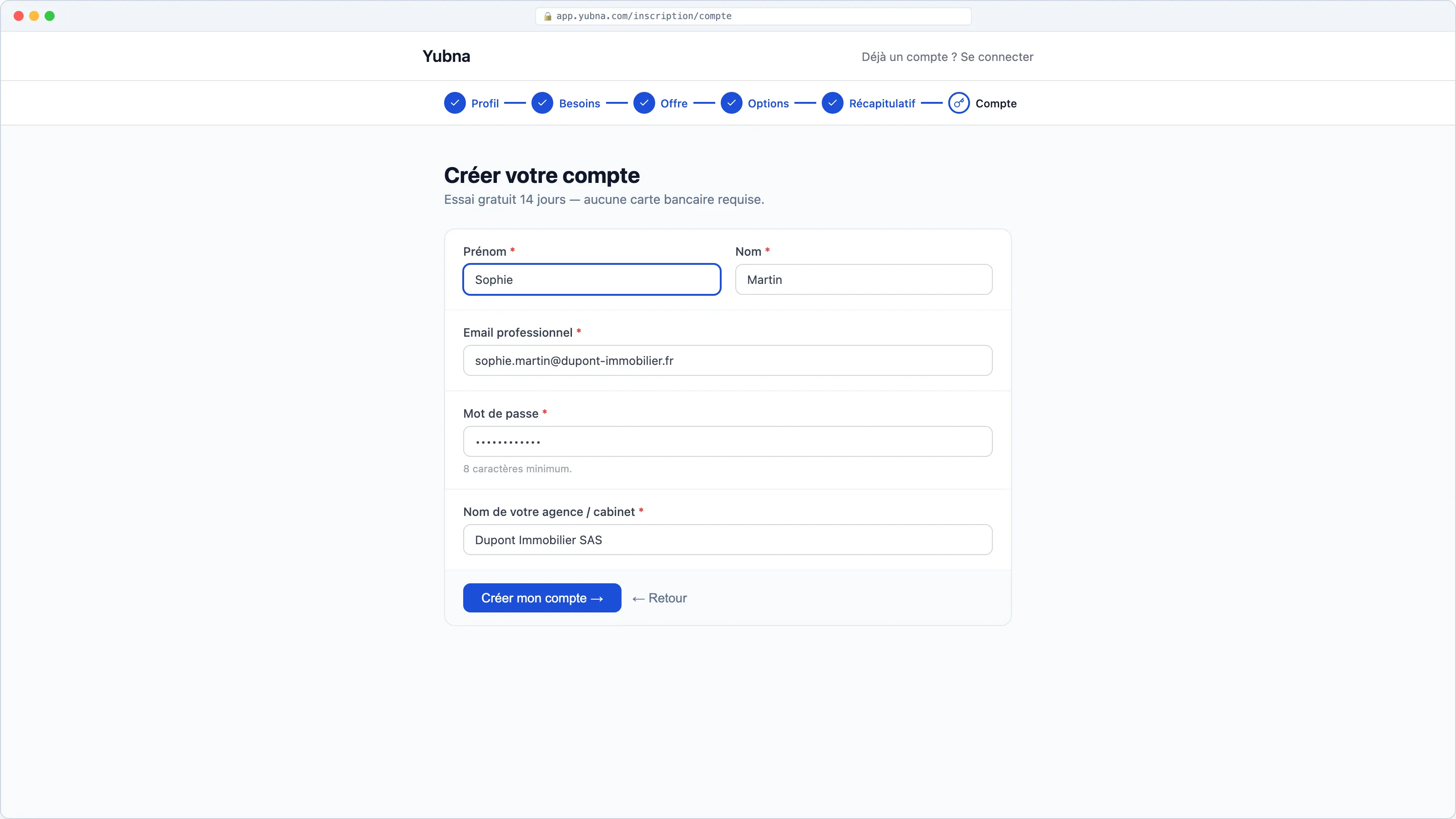 Yubna optimise Création de compte : Solution PropTech pour inscription en 4 champs — nom, email, mot de passe et raison sociale