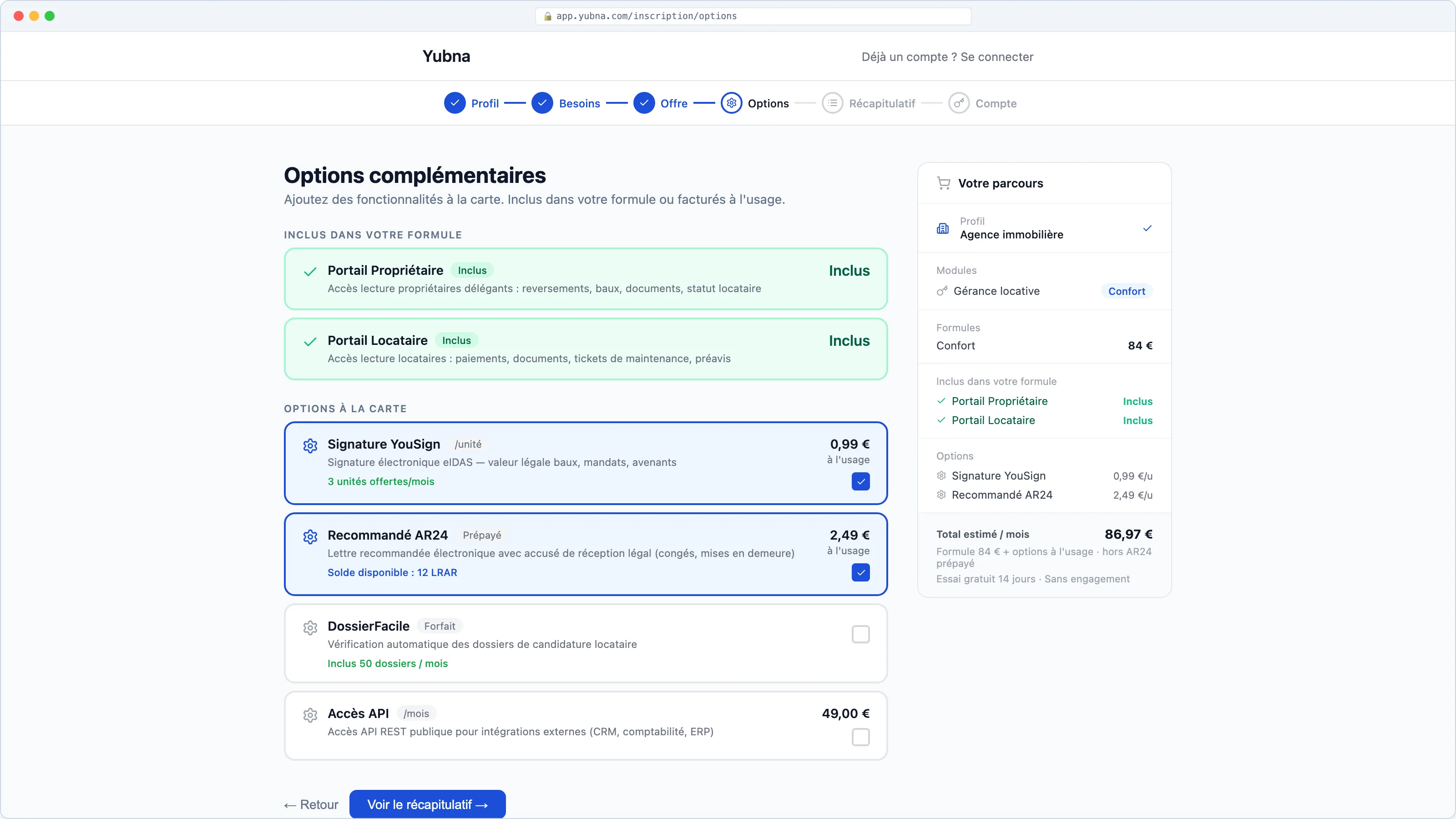 Yubna optimise Options à la carte : Solution PropTech pour activation des options — Signature électronique YouSign et envois AR24