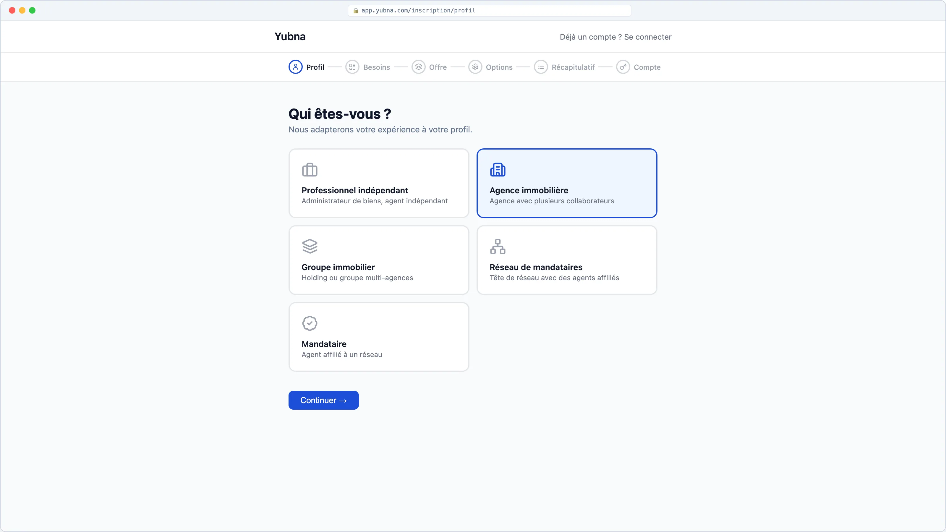 Yubna optimise Profil métier : Solution PropTech pour choix du profil — indépendant, agence, groupe, réseau ou mandataire
