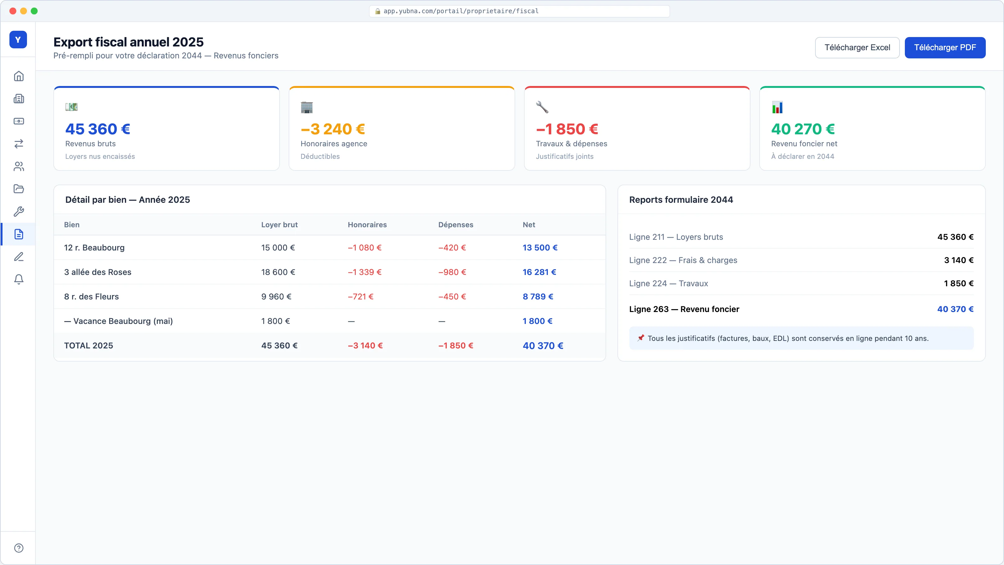 Yubna optimise Export fiscal annuel : Solution PropTech pour pré-remplissage de la déclaration 2044 en un clic
